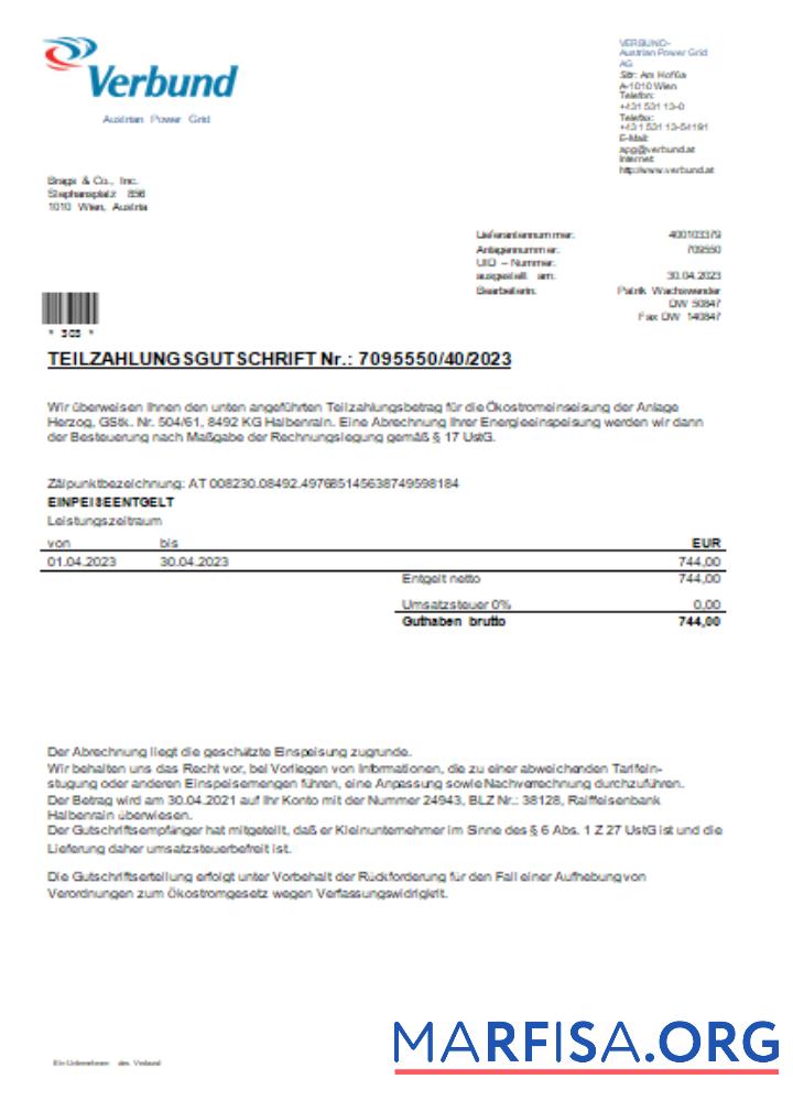 Printable Verbund Austrian Power Grid utility business bill, SCR real example
